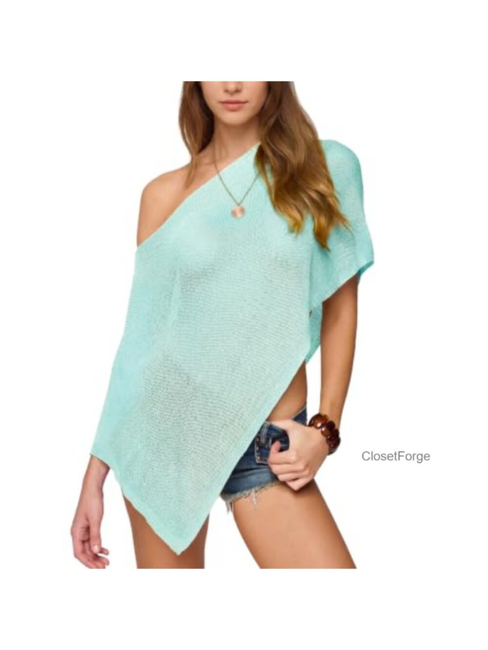 One Shoulder Knit Asymmetric Shrug Sweater Sheer Mesh Beach Cover Up